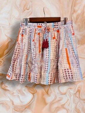 easel Boho Printed Shorts Skort in Cream, Orange, Burgundy & Light Blue